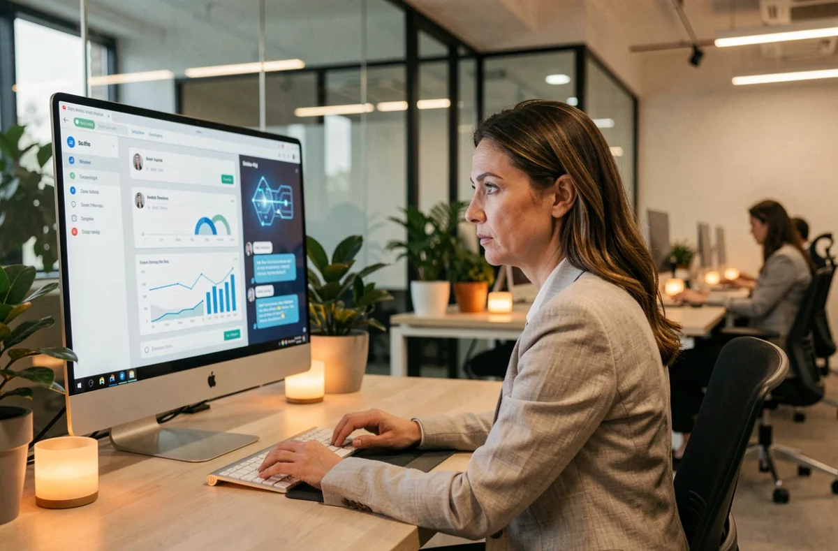 Femme cadre dans un bureau moderne face à une interface d'intelligence artificielle, questionnant l'avenir des emplois de bureau