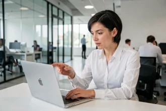Une femme cadre examine un MacBook sur un bureau épuré dans un open space moderne, illustrant l'innovation technologique d'Apple