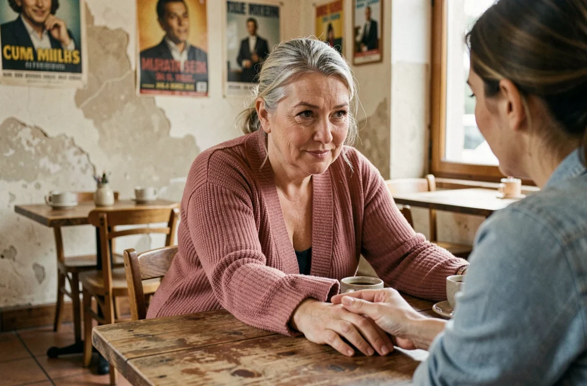 Femme aux cheveux argentés posant la main sur celle d'une amie dans un café chaleureux, exprimant clémence et absence de rancœur