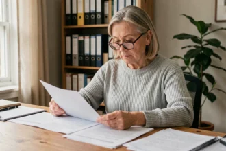 Femme de 60 ans en train de consulter des documents de retraite complémentaire à son bureau à domicile
