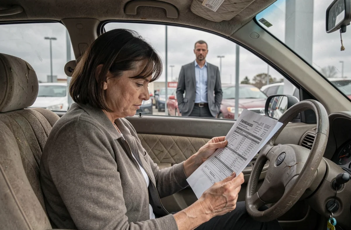 Femme examinant le rapport d'historique d'un véhicule dans l'habitacle d'une voiture d'occasion chez un concessionnaire