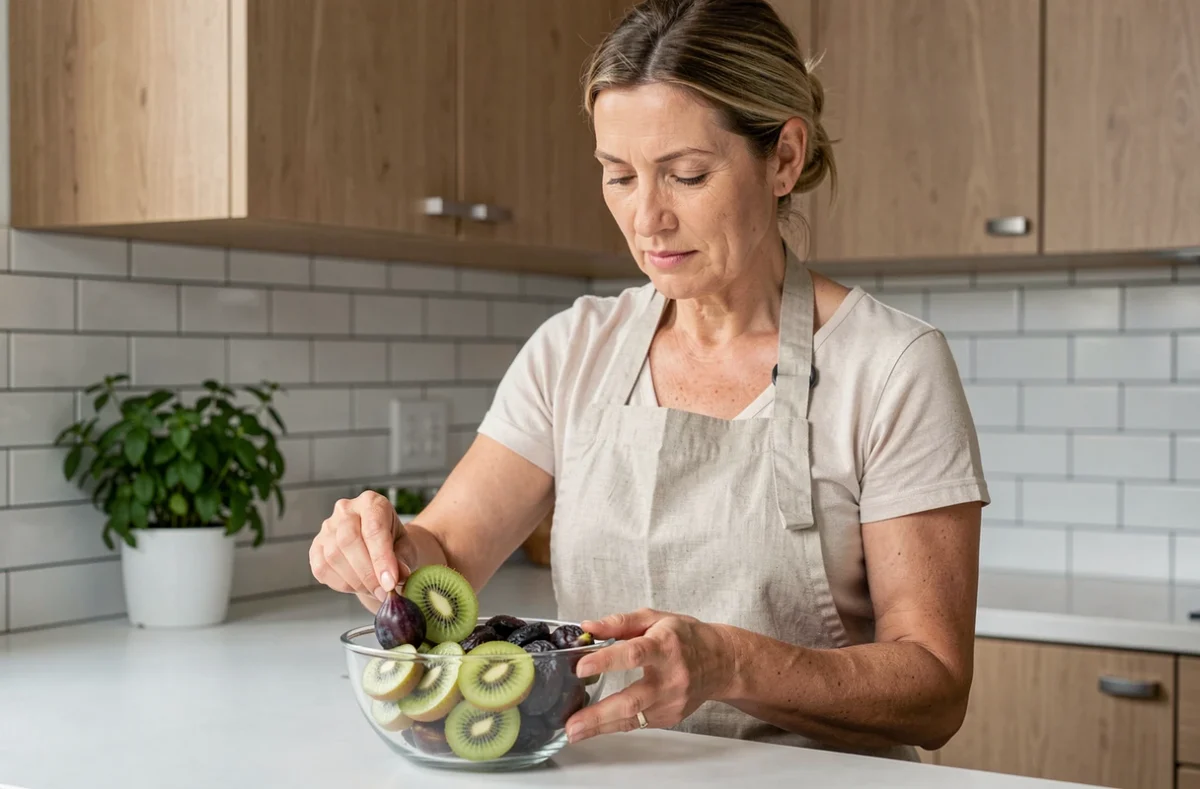 Femme préparant un bol de fruits riches en fibres laxatives dans une cuisine moderne