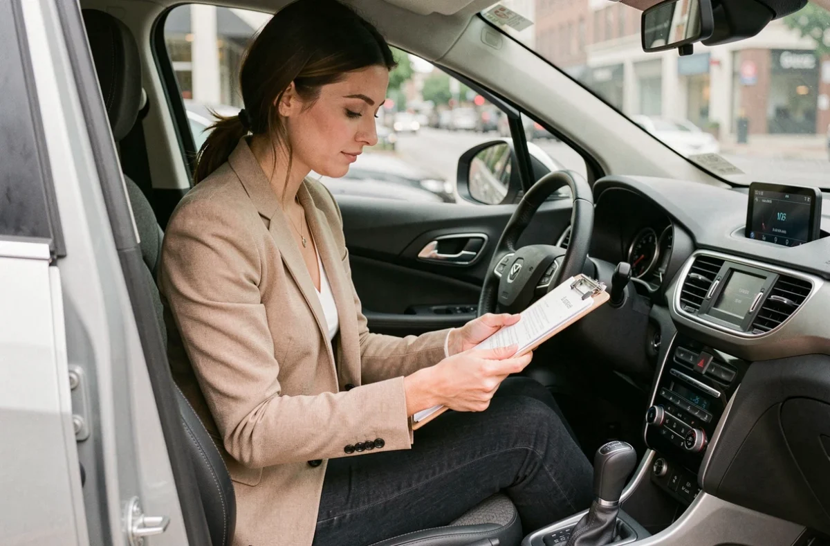 Une femme consulte des documents dans l'habitacle d'un SUV compact lors d'un achat automobile