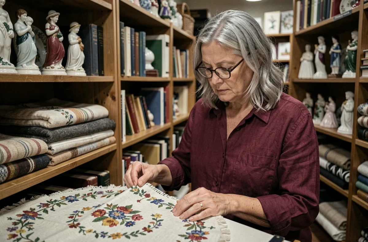 Femme d'âge mûr inspectant une nappe brodée ancienne dans une friperie associative remplie d'objets d'occasion et de textiles vintage