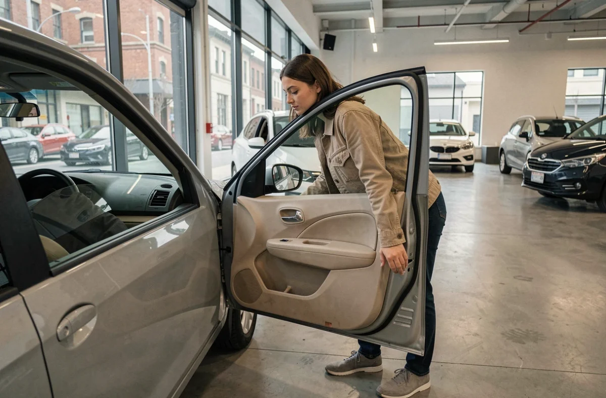 Femme inspectant l'intérieur d'une voiture d'occasion dans un showroom automobile