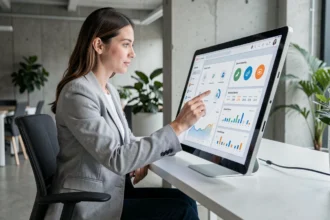 Femme utilisant une interface numérique tactile dans un bureau moderne, illustrant les avantages d'une interface intuitive