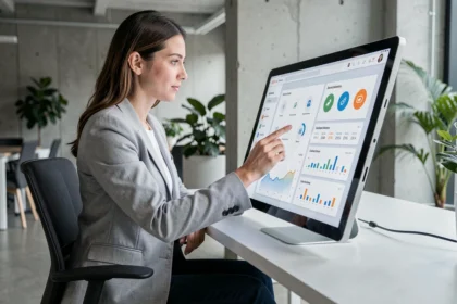 Femme utilisant une interface numérique tactile dans un bureau moderne, illustrant les avantages d'une interface intuitive