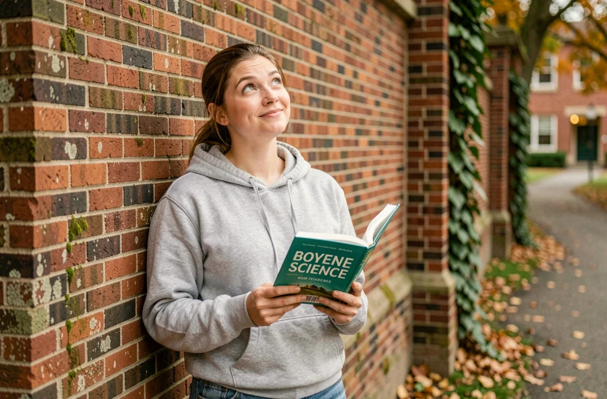 Jeune femme tenant un livre de science devant un vieux mur de briques rouges sur un campus universitaire en automne