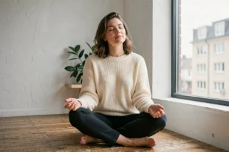 Femme pratiquant la pleine conscience pour réduire l'anxiété, assise sur le sol d'un appartement minimaliste