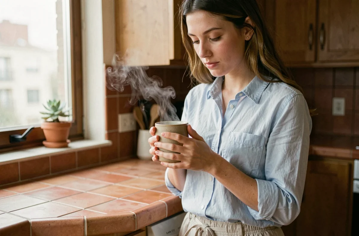 Jeune femme anxieuse ancrant son attention au moment présent en tenant une tasse de thé dans une cuisine chaleureuse