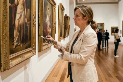 Femme contemplant une peinture à l'huile dans un musée d'art populaire à travers le monde