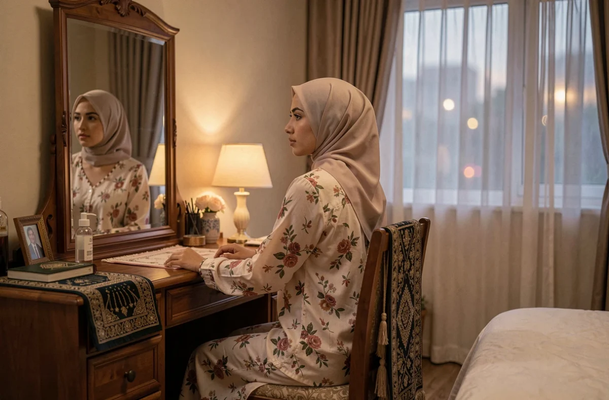 Femme musulmane se préparant pour la nuit dans une chambre conjugale paisible et modeste