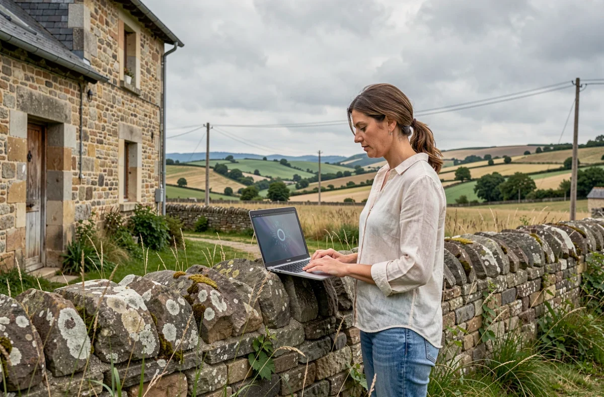 Femme consultant un ordinateur portable devant un cottage isolé en campagne française sans connexion internet