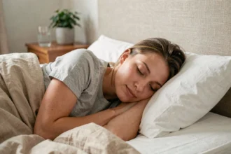 Femme endormie paisiblement dans un lit confortable avec une literie blanche, illustrant un sommeil de qualité