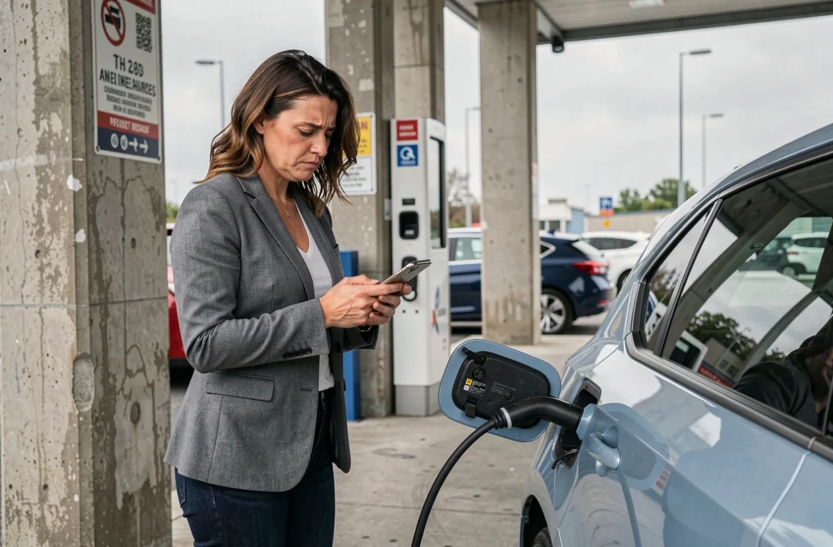 Femme branchant une voiture hybride à une borne de recharge en milieu urbain, illustrant les contraintes d'autonomie et d'infrastructure des hybrides rechargeables