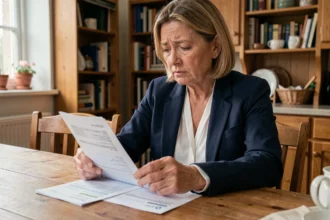 Femme de 50 ans examinant ses relevés bancaires à une table en bois, réfléchissant à retirer son argent de la banque en 2026
