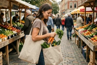 Femme portant des sacs réutilisables remplis de légumes frais sur un marché de producteurs locaux, illustrant un comportement écologique au quotidien