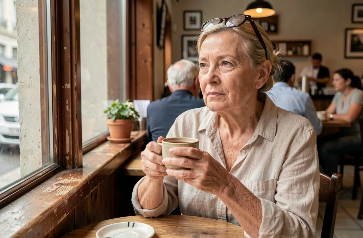 Femme senior pensive dans un café, évoquant la réflexion sur la vie sentimentale et la sexualité après 70 ans