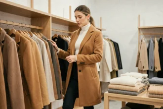 Femme élégante en manteau camel dans une boutique minimaliste, illustrant les conseils de style vestimentaire