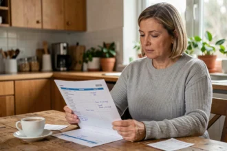 Femme consultant un tableau de suivi budgétaire imprimé sur une table en bois dans une cuisine moderne