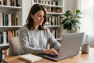 Femme en télétravail concentrée devant son ordinateur portable dans un bureau à domicile bien organisé