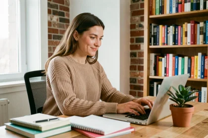 Femme travaillant sur son ordinateur portable depuis chez elle pour gagner de l'argent à domicile