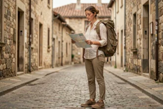Femme voyageant seule dans une ruelle pavée d'une vieille ville européenne, tenant une carte routière