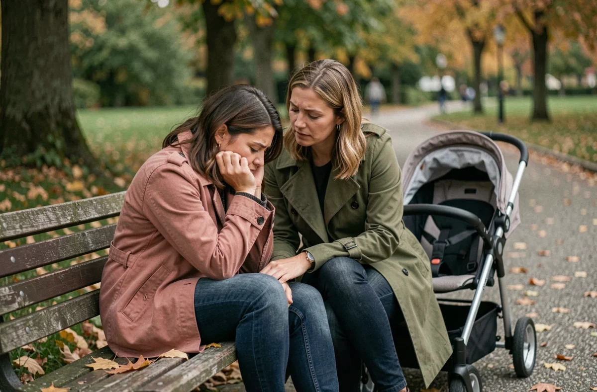 Deux femmes assises sur un banc dans un parc en automne, l'une exprimant la fatigue émotionnelle liée aux défis d'une famille recomposée