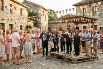 Animation musicale traditionnelle sur la place d'un village lors d'une fête estivale avec habitants réunis