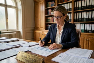 Administratrice examinant les documents budgétaires du financement de l'éducation nationale dans un bureau officiel français