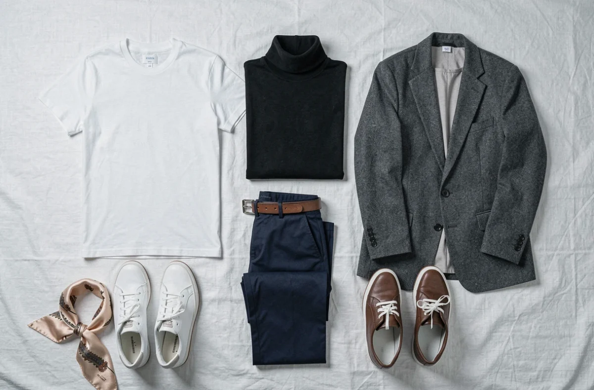 Flat lay des pièces essentielles d'une garde-robe capsule disposées sur une surface en lin blanc