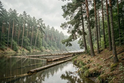 Forêt mixte dense en bordure de rivière illustrant le concept de ressource renouvelable et non renouvelable avec des arbres matures et de jeunes pousses