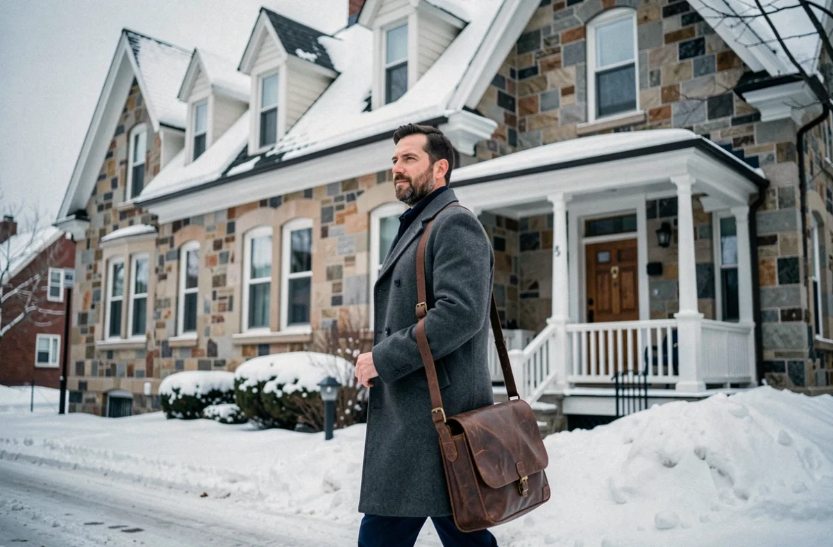 Homme d'origine française devant une maison en pierre à vendre dans une rue enneigée du Québec