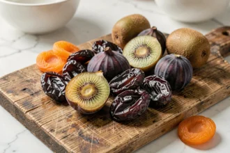 Plateau de fruits laxatifs naturels : pruneaux, figues, kiwis et abricots secs sur une planche en bois rustique