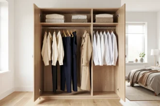 Armoire capsule ouverte avec des vêtements neutres bien organisés sur des cintres en bois dans une chambre scandinave