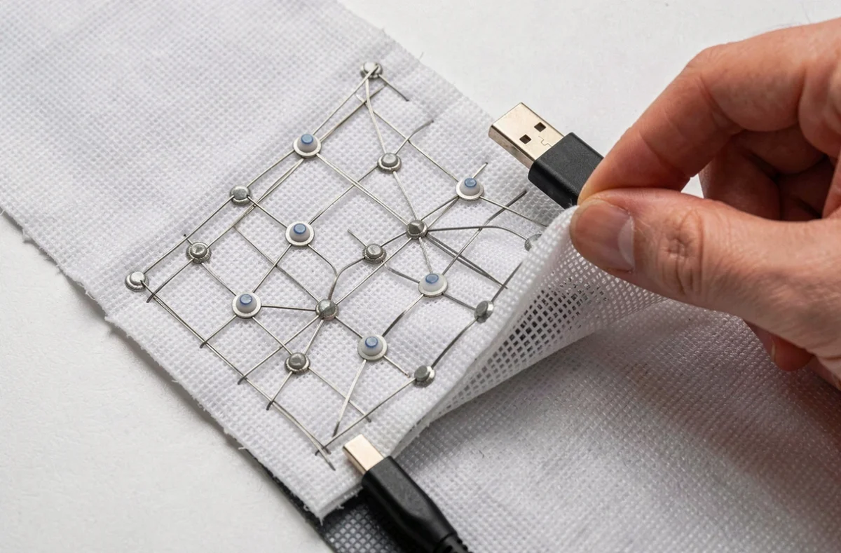 Gros plan sur un tissu intelligent avec fils conducteurs argent et capteurs biométriques intégrés