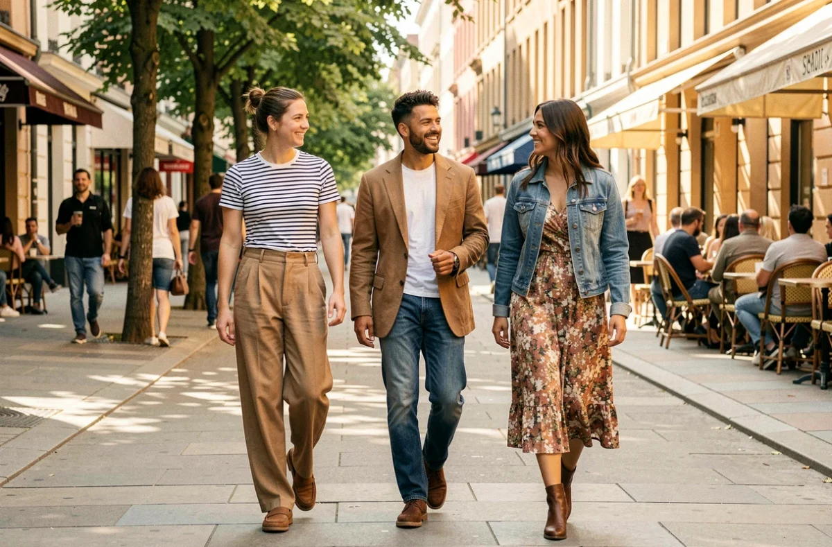 Groupe d'amis aux styles vestimentaires variés marchant ensemble en ville, inspirations de looks pour un bon style au quotidien