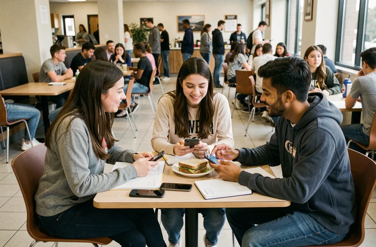 Groupe d'étudiants s'entraidant autour d'une table en discutant de solutions d'aide financière sur un campus universitaire