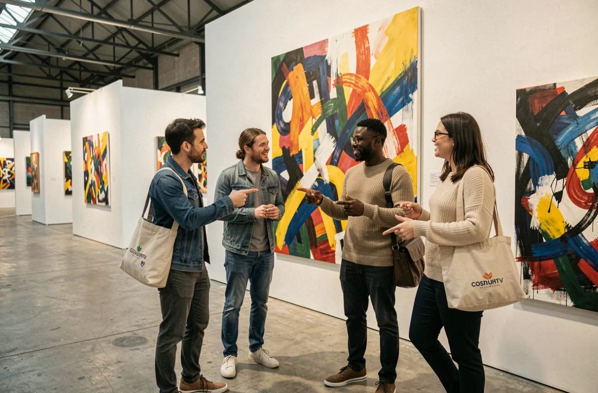 Groupe de personnes discutant devant une peinture abstraite dans une foire d'art contemporain
