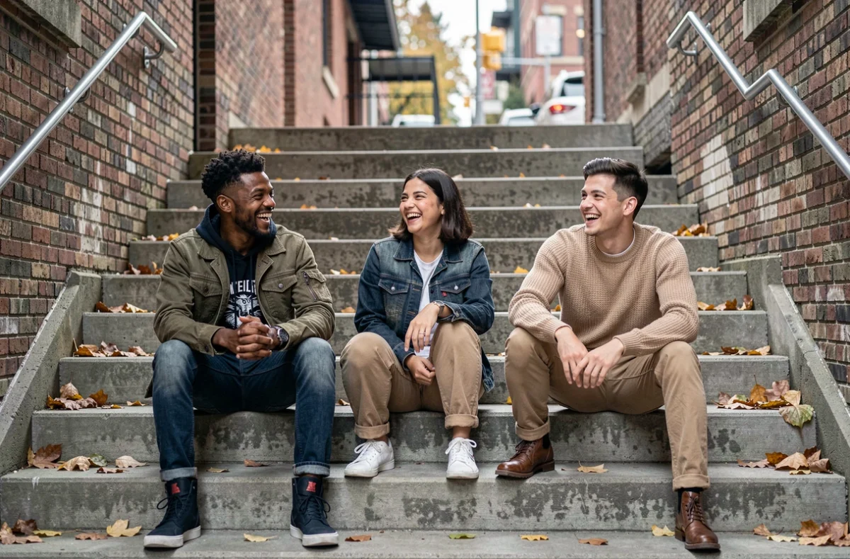 Groupe de jeunes adultes aux styles vestimentaires variés assis sur des escaliers urbains