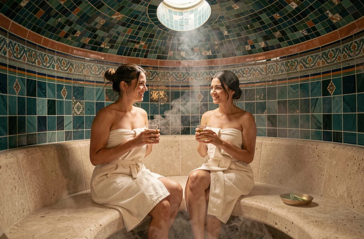 Deux femmes se détendant dans un hammam parisien avec mosaïques zellige et coupole, partageant une tisane