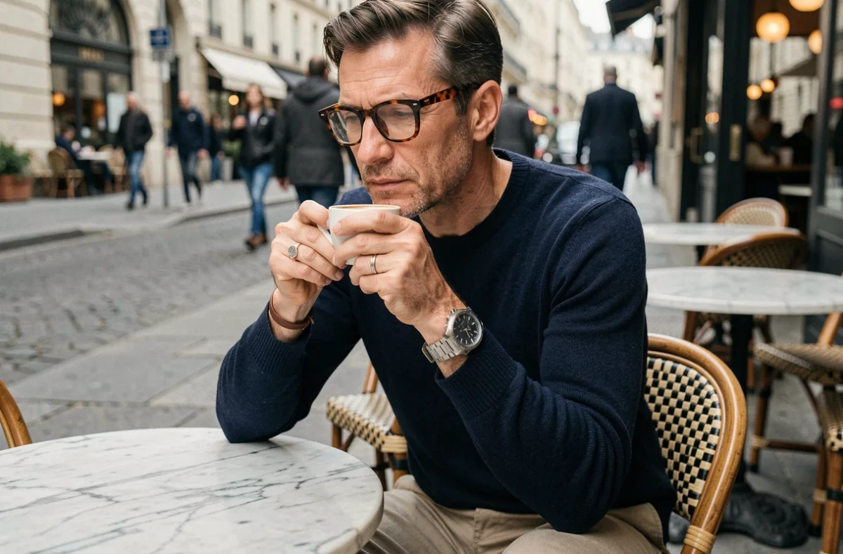 Homme portant montre, bracelet et bague dans un café parisien en terrasse, guide des accessoires masculins à adopter
