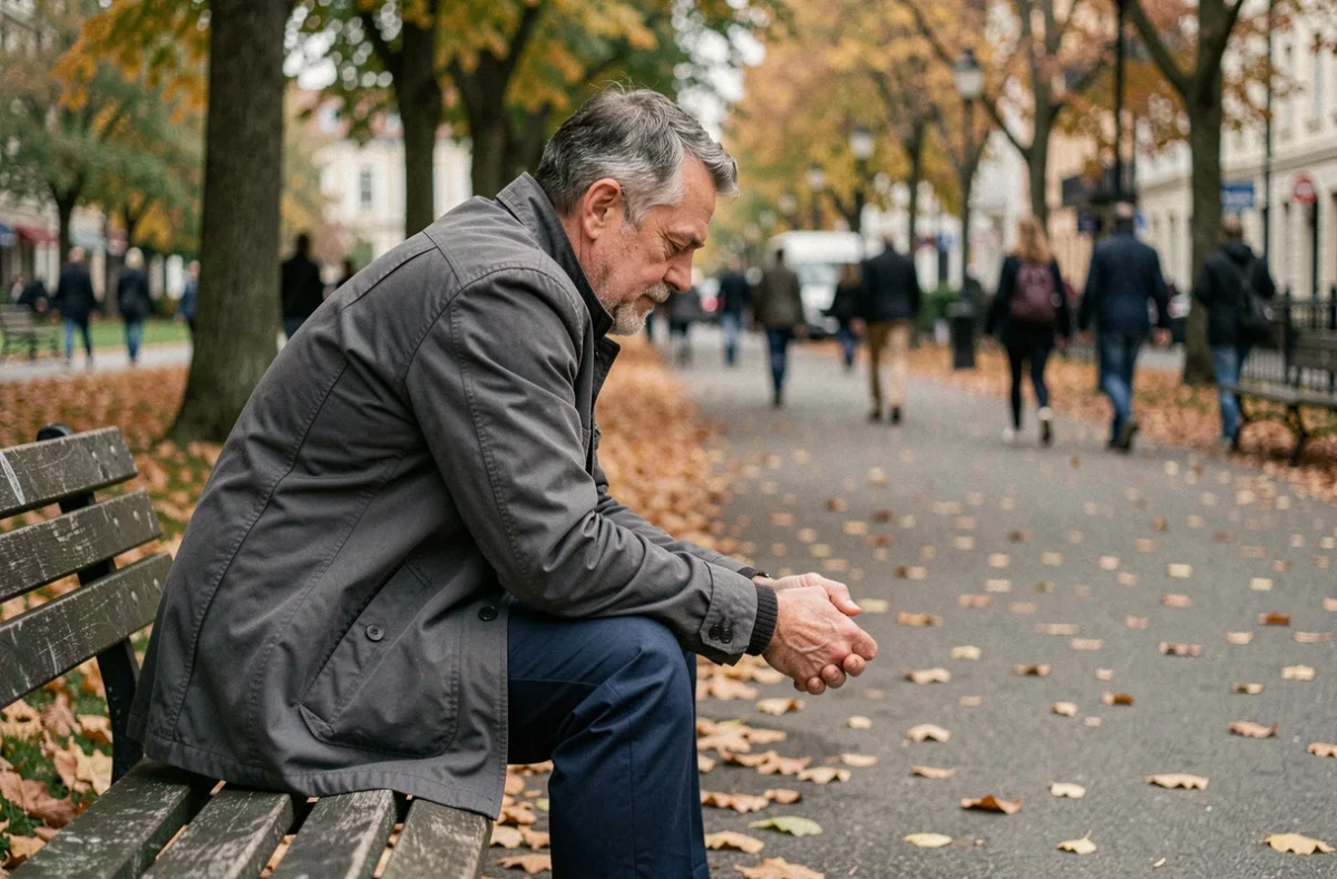 Homme anxieux assis seul sur un banc dans un parc en automne, cherchant un moment de présence et de calme