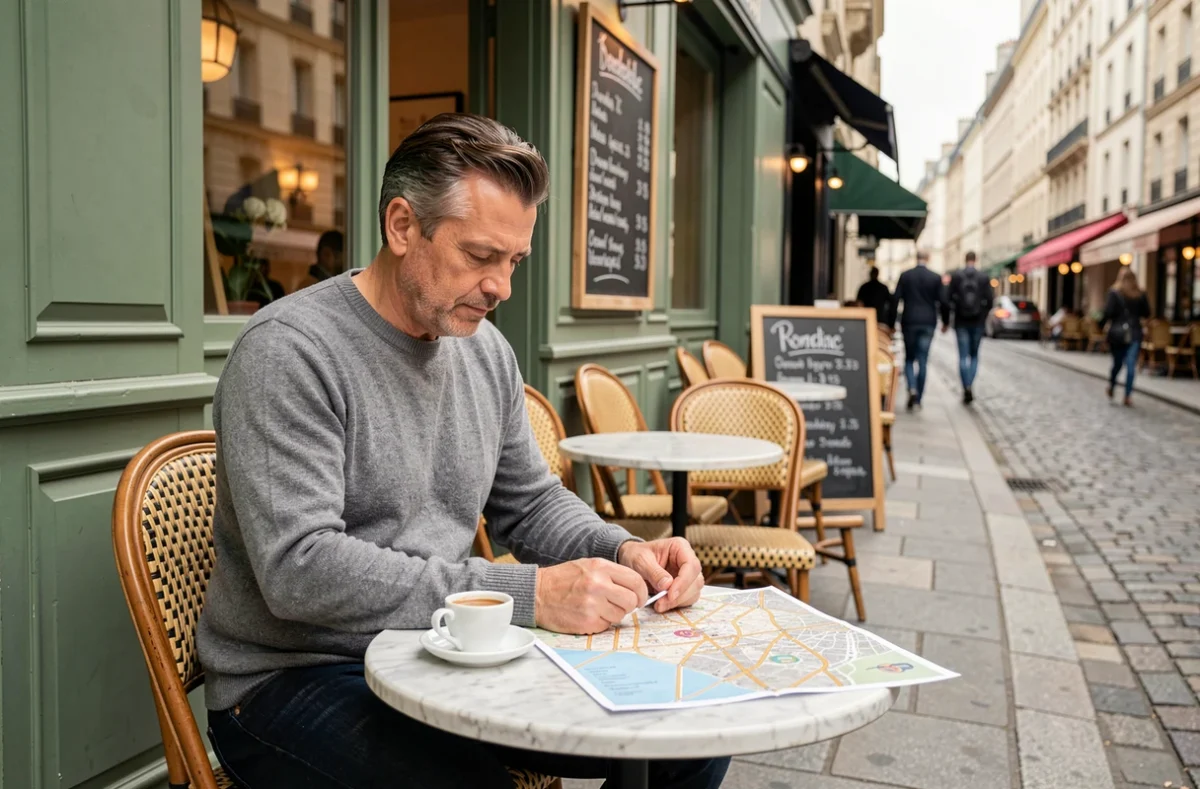 Homme consultant une carte de Paris attablé en terrasse d'un café parisien traditionnel