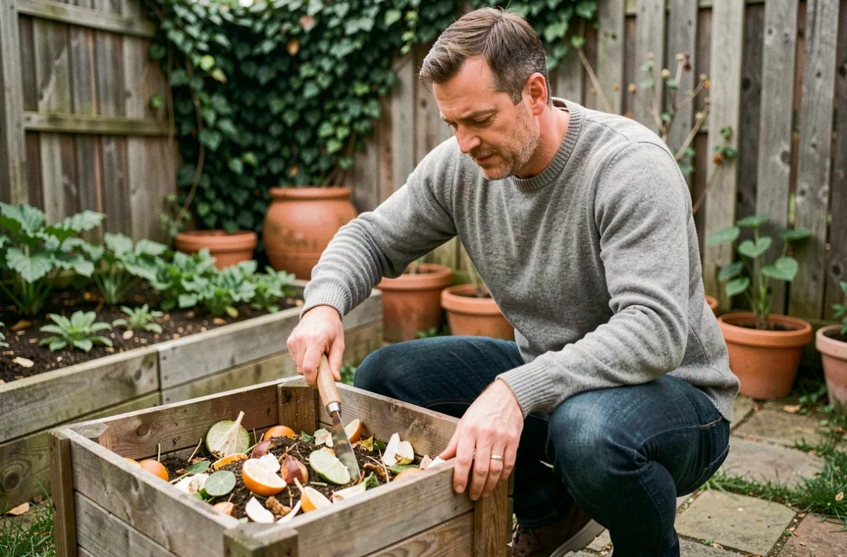 Homme s'occupant d'un composteur dans son jardin urbain, adoptant un geste écologique concret pour réduire les déchets organiques