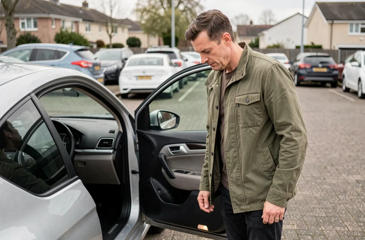 Homme examinant le sélecteur de vitesse d'une voiture automatique dans un parking, découvrant la boîte automatique