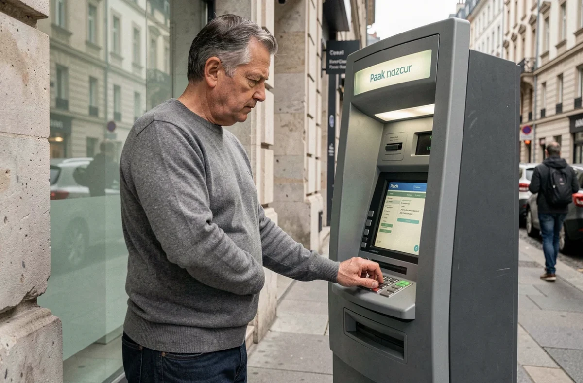 Homme hésitant devant un distributeur automatique de billets en ville, questionnant l'opportunité de retirer son argent de la banque en 2026