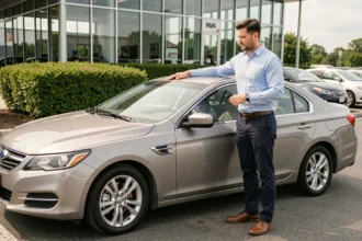 Un homme en chemise bleue examine une berline familiale dans un parking de concession automobile
