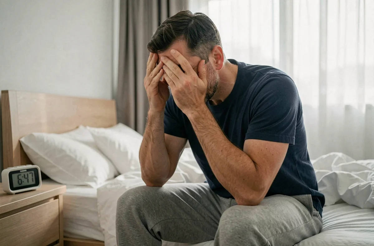Homme fatigué assis sur le bord de son lit au réveil, illustrant un sommeil insuffisant ou de mauvaise qualité