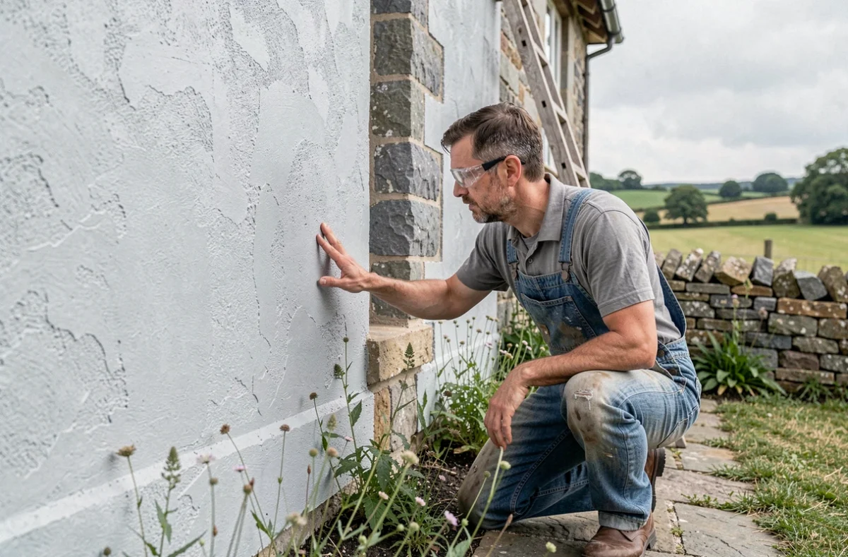 Homme inspectant une peinture à la chaux appliquée sur le mur extérieur en pierre d'une ferme rurale